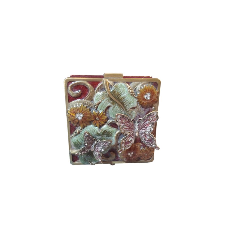 Enamel Butterflies Flowers Metal Trinket Jewelry Box with Mirror 4”x2” Bombay